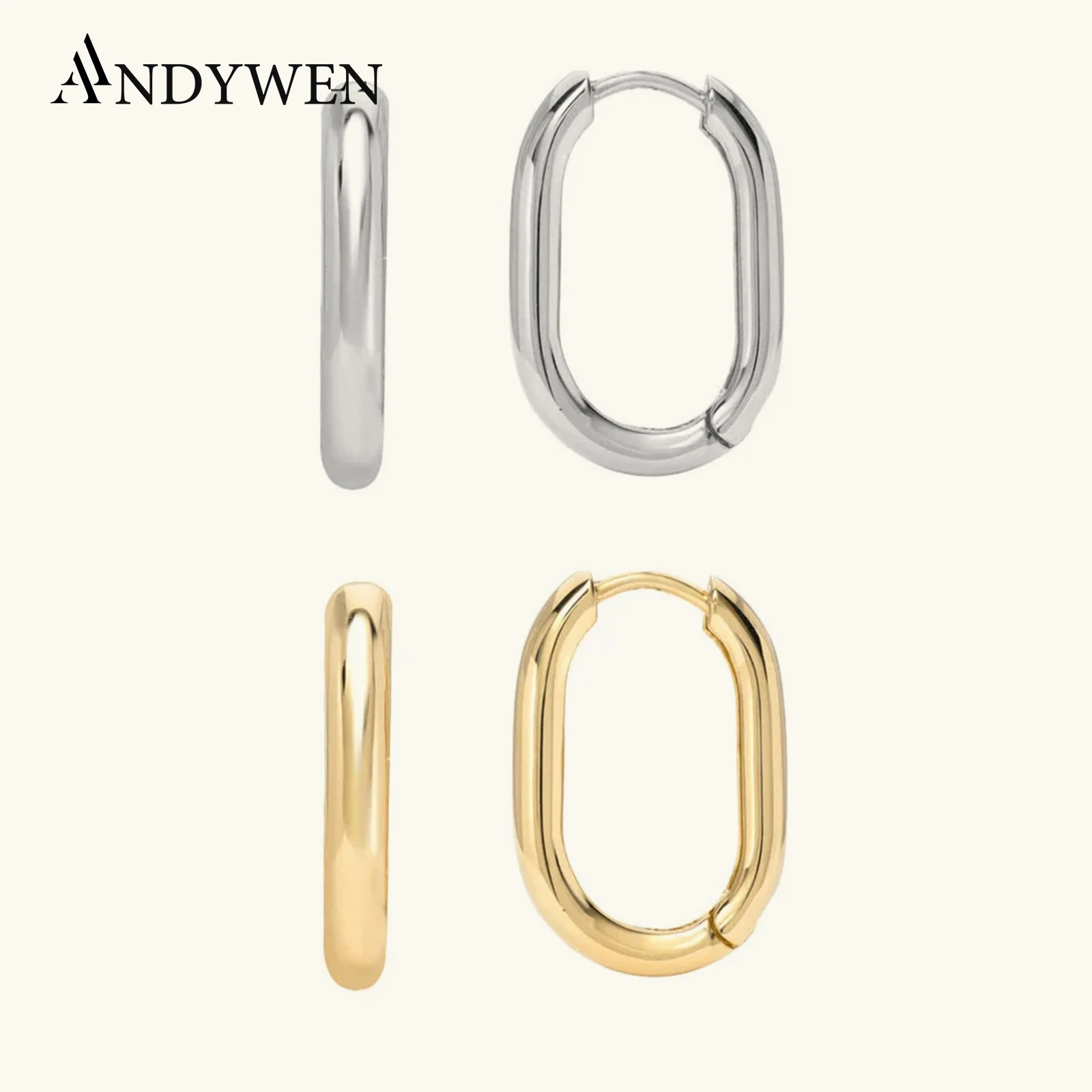 

ANDYWEN 925 Sterling Silver Gold Oval Huggies Thick Rectangle Hoops Earring Women Piercing Ohrringe Luxury Fashion Jewelry