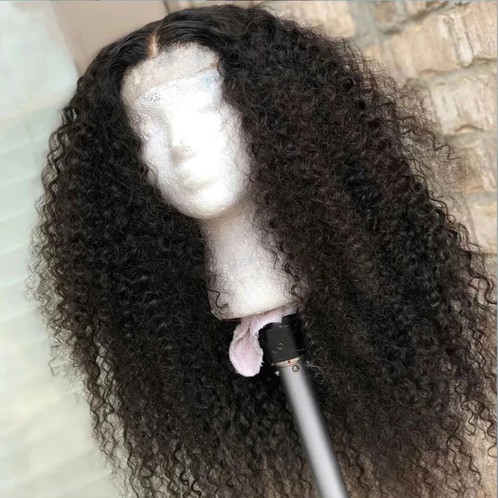 Peruca dianteira do laço longo Kinky Curly para mulheres, preto natural, cabelo do bebê, resistente ao calor, sem cola, pré-arrancadas diariamente, 180 densidade, 26"