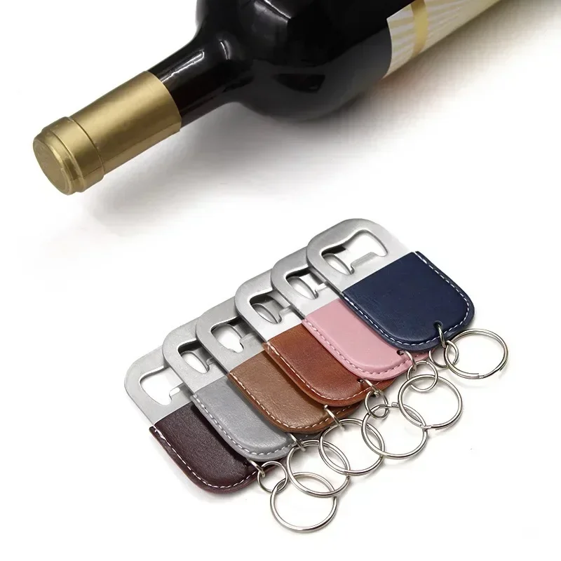 Custom LOGO PU Leather Bottle Opener Keychain Beer Convenient Outdoor Bag Car Key Chain Stainless Steel Vintage Keyring Gifts