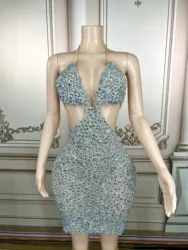 MINI vestido de sujetador brillante con diamantes de imitación grandes para mujer, traje de actuación Sexy, ropa de escenario para cantante, celebración de cumpleaños, talla grande