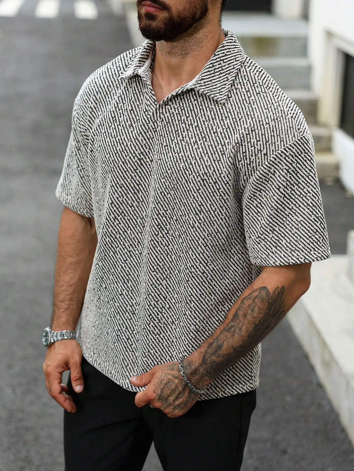 

Men's Casual Short Sleeve Striped Polo Shirt with Relaxed Fit