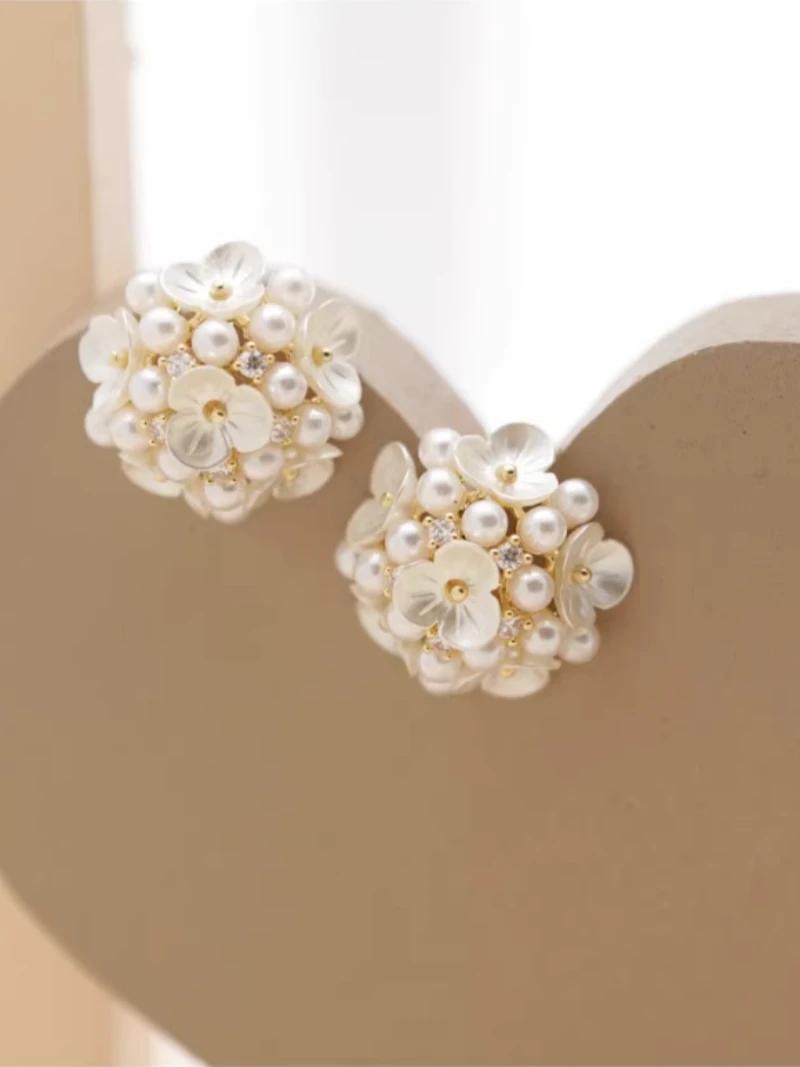 Dainty Flower Bouquet Earrings Studs White Pearl Elegant Gift Frnace Style