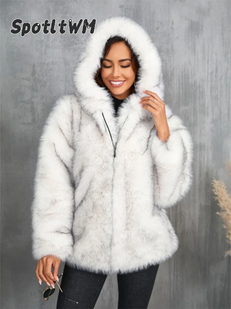 Women Hooded Cropped Faux Fur Jacket Full Sleeve Loose-fit Zipper Up Pockets Short Coat 2026 Casual Winter Street Commute Coats