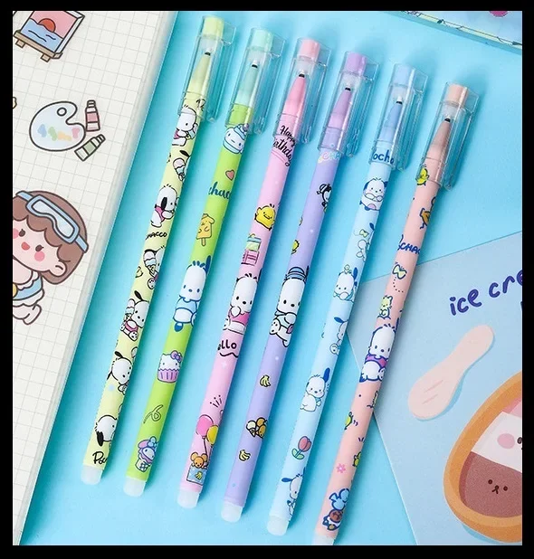 12Pcs/Set Sanrio Erasable Neutral Pen Pochacco mymelody Kuromi Cinnamoroll 0.5mm Gel Pens Washable handle School Supplies