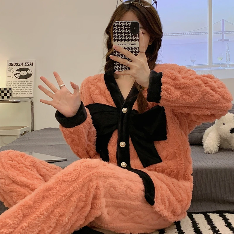 New Autumn Winter Extra Warm Pajamas Set Women Fleece Thickened Pijama Girls Big Bow Soft Furry Warm Pyjama Home Suit Long Pants