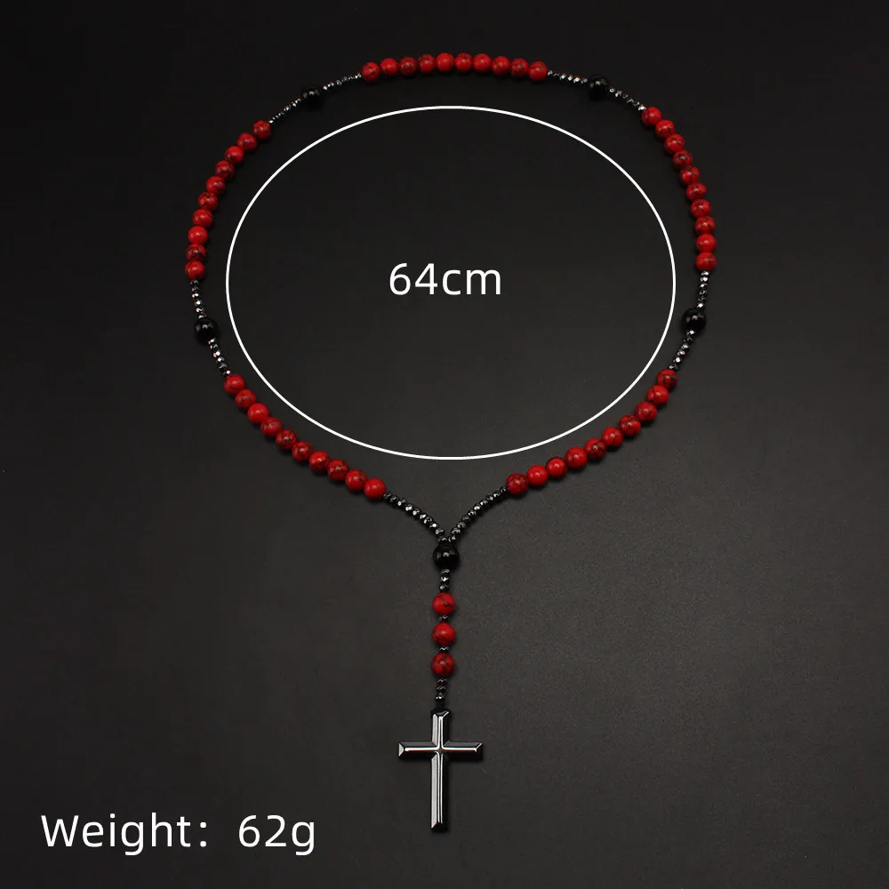 8mm natürliche Redstone Kreuz Anhänger Vintage Herren schwarz Gallenstein Achat Gebetskette Halskette Pullover Kette Party Schmuck – Detail 5
