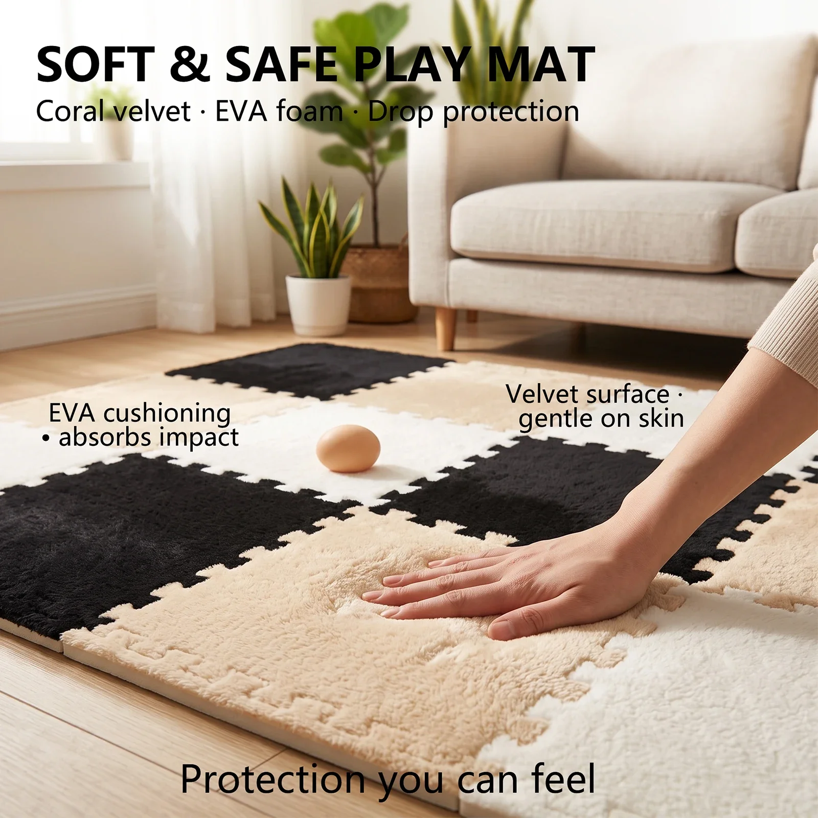 12Pcs Plush Interlocking Carpet Tiles 30*30CM Creative Plush Puzzle Foam Floor Mat with Border Fluffy Floor Area Rug for Bedroom