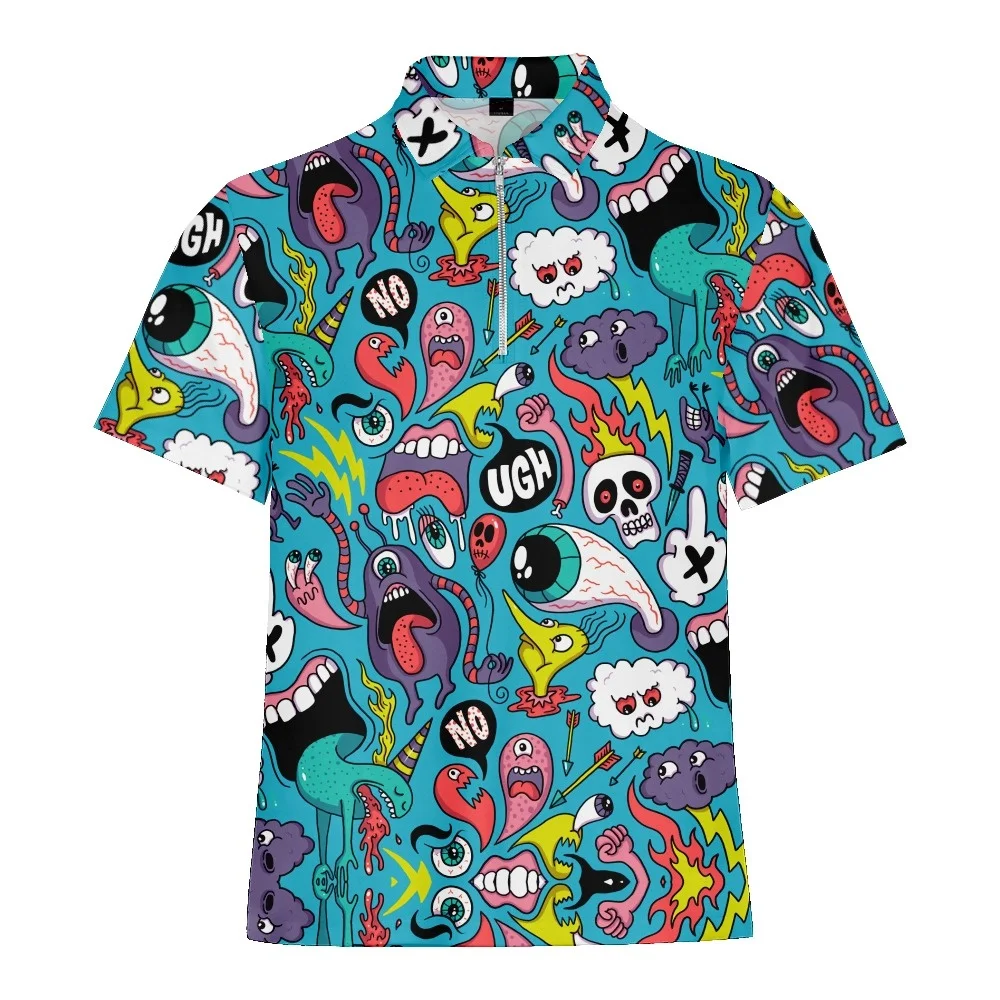 Cartoon Monster Graffiti Printed Summer Men\'s Zipper Collar Polo Shirts Casual Oversized Short Sleeve Fashion Tops Men Clothing