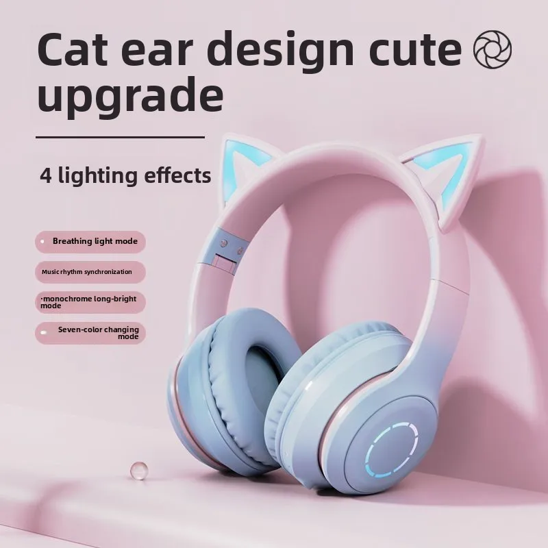 New Best Selling RGB Head-mounted Bluetooth Headphone Gradient Color Led Luminous Cat Ears Wireless Headset Cute Girl Earphone
