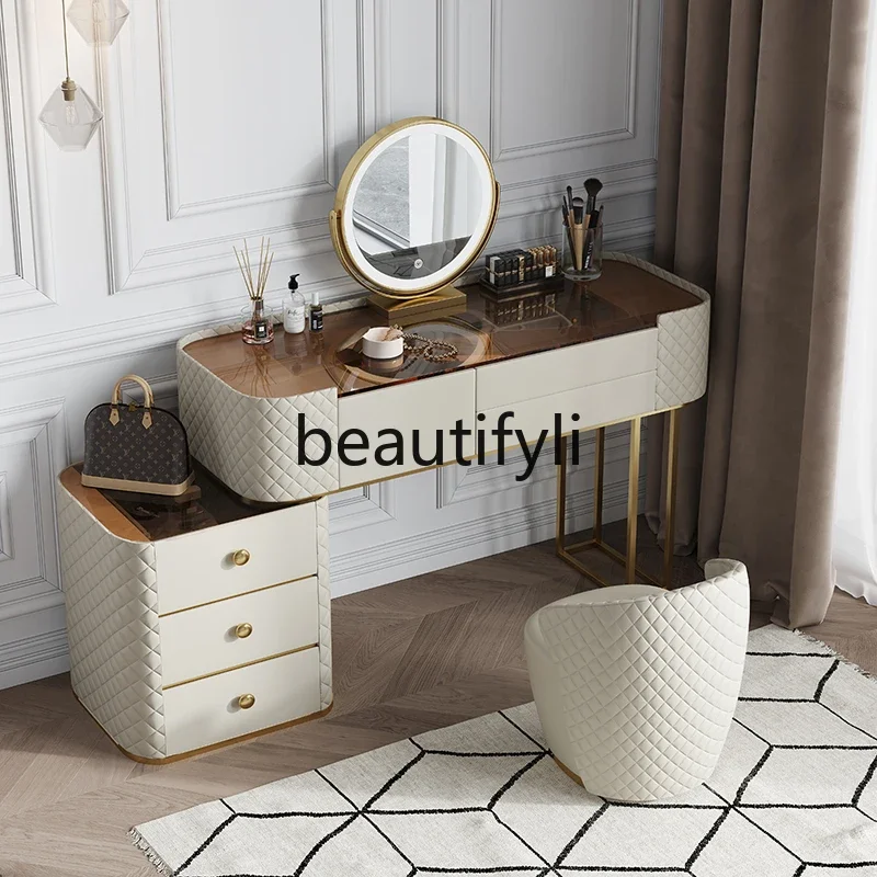 

Light luxury tempered glass, new solid wood dresser, modern and simple, bedroom makeup table, small apartment7446