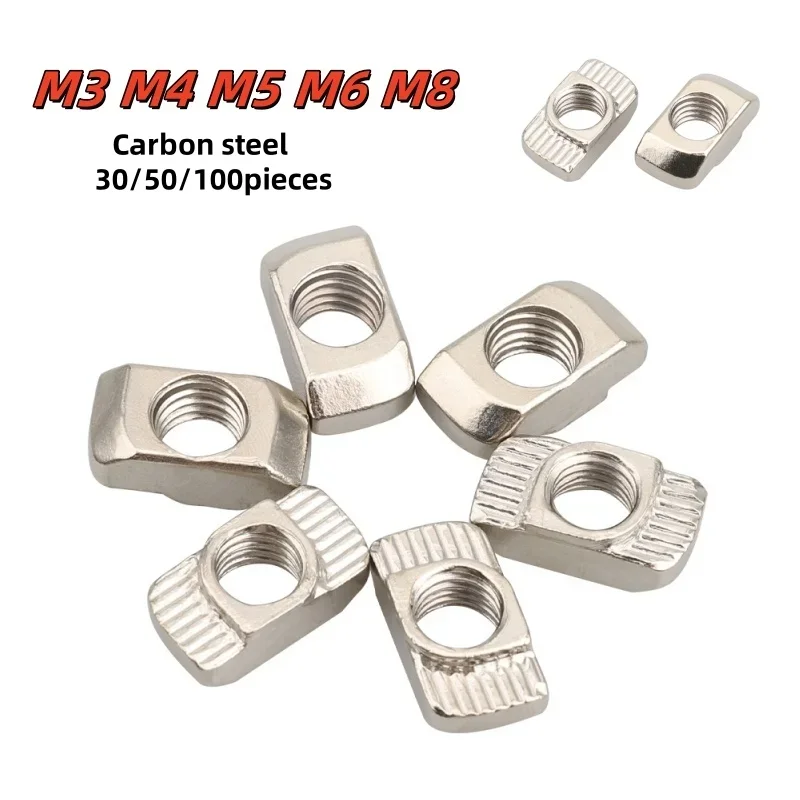 30/50/100Pcs T Nut M3 M4 M5 M6 M8 EU Standard Nickel Plated Profile T Slot Nut Fasten Connector Slider Nut