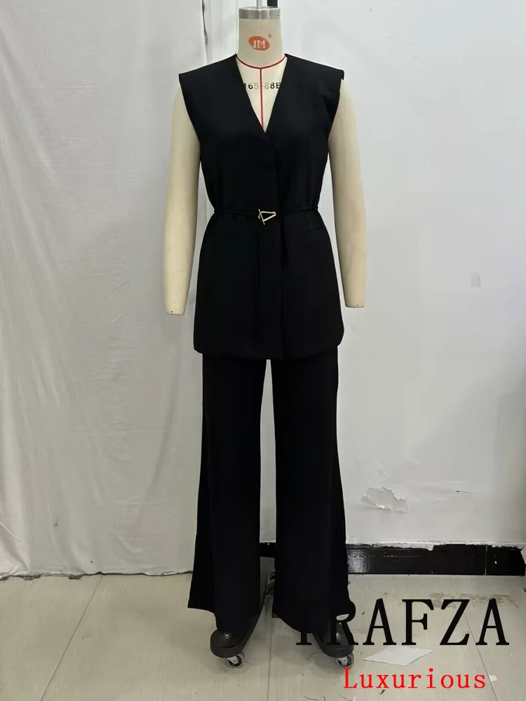 TRAFZA Vintage Casual Chic Solid Women Suit Sashes V-Neck Sleeveless Blazer Loose Flare Pants Fashion 2024 Autumn Female Suits