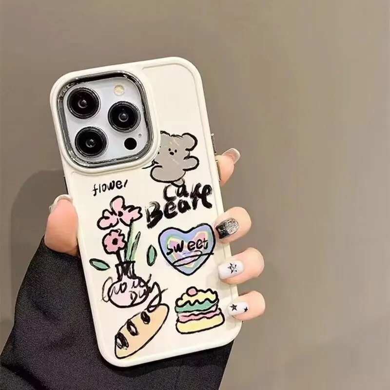 2023 Shockproof Silica Gel Phone Case For iPhone14 11 12 13 15 Pro Max XS X 7 8 Plus Pink Graffiti Bread Bear Pattern Phone Case