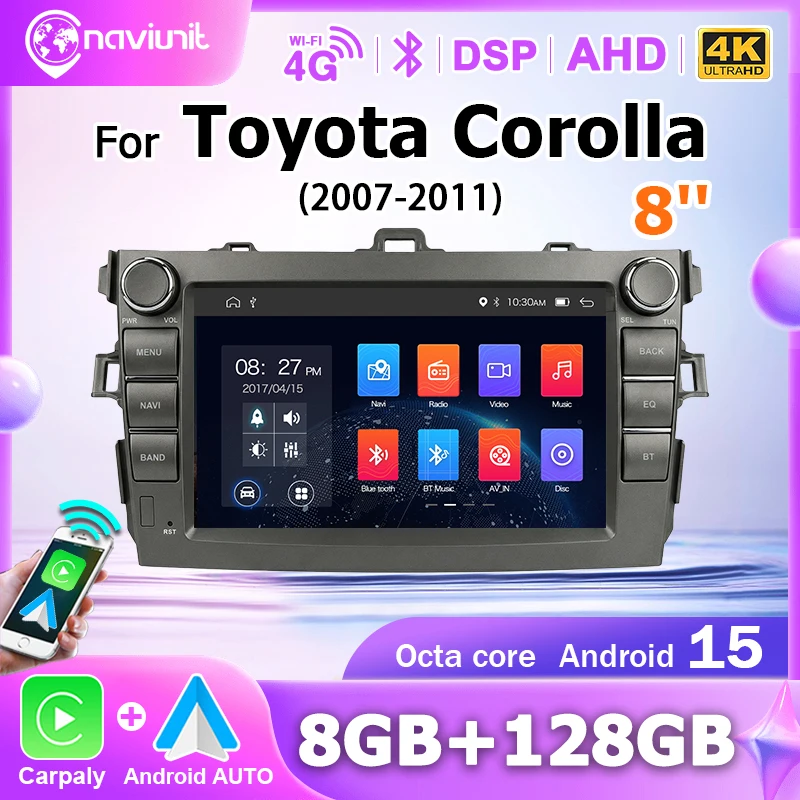 Per Toyota Auris Corolla 2006-2011 Autoradio Android 15 2 DIN Stereo Multimedia GPS BT WIFI 4G LTE Wireless Carplay