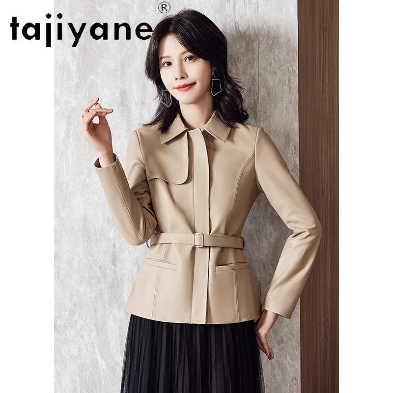 Tajiyane-Veste en cuir 100% véritable pour femme, manteau de haute qualité en peau de mouton véritable, vestes courtes élégantes avec ceinture, 2024