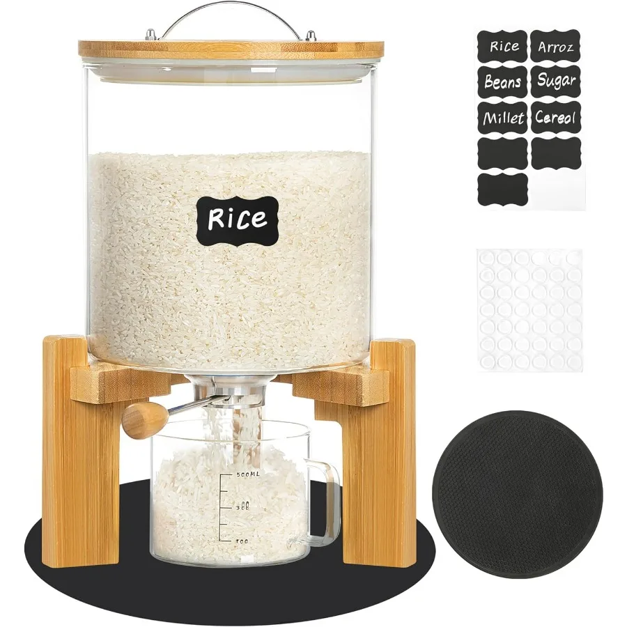 

8-10 lbs Glass Rice Dispenser with Wooden Stand Flour and Cereal Container with Glass Measuring Cup & Labels & Slider mat Pantry