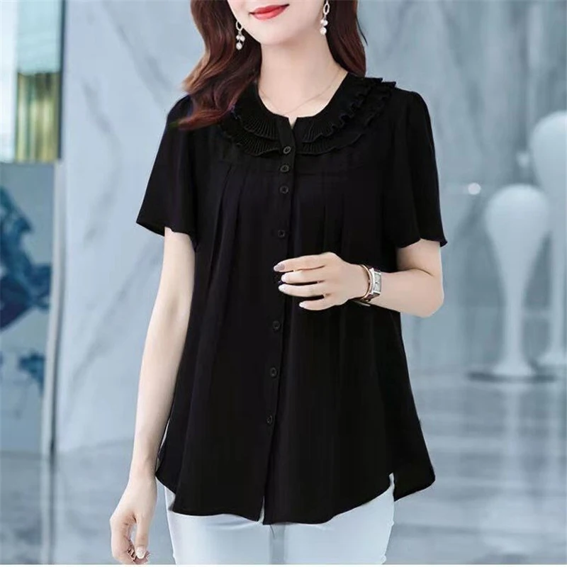 Women Summer Ruffles Elegant Button Shirts Korean Fashion Round Neck Short Sleeve Solid Loose Blouse Casual Irregular Ladies Top