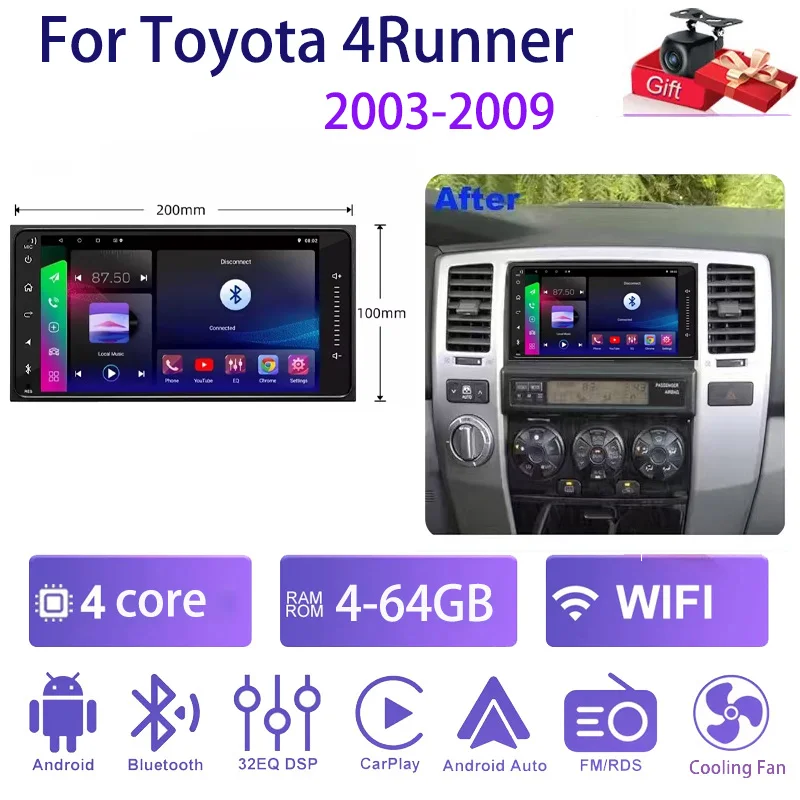

7" Car Stereo Radio For Toyota 4Runner 2003-2009 Wireless Apple Carplay Android Auto Head Unit FM BT 4+64GB with Rear Camera
