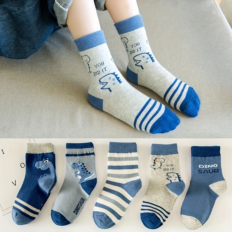 5pairs Boys Kids Cartoon Little Dinosaur Letter Print Cute Socks, Breathable Comfy Sweat Absorption Odor-proof Crew Socks