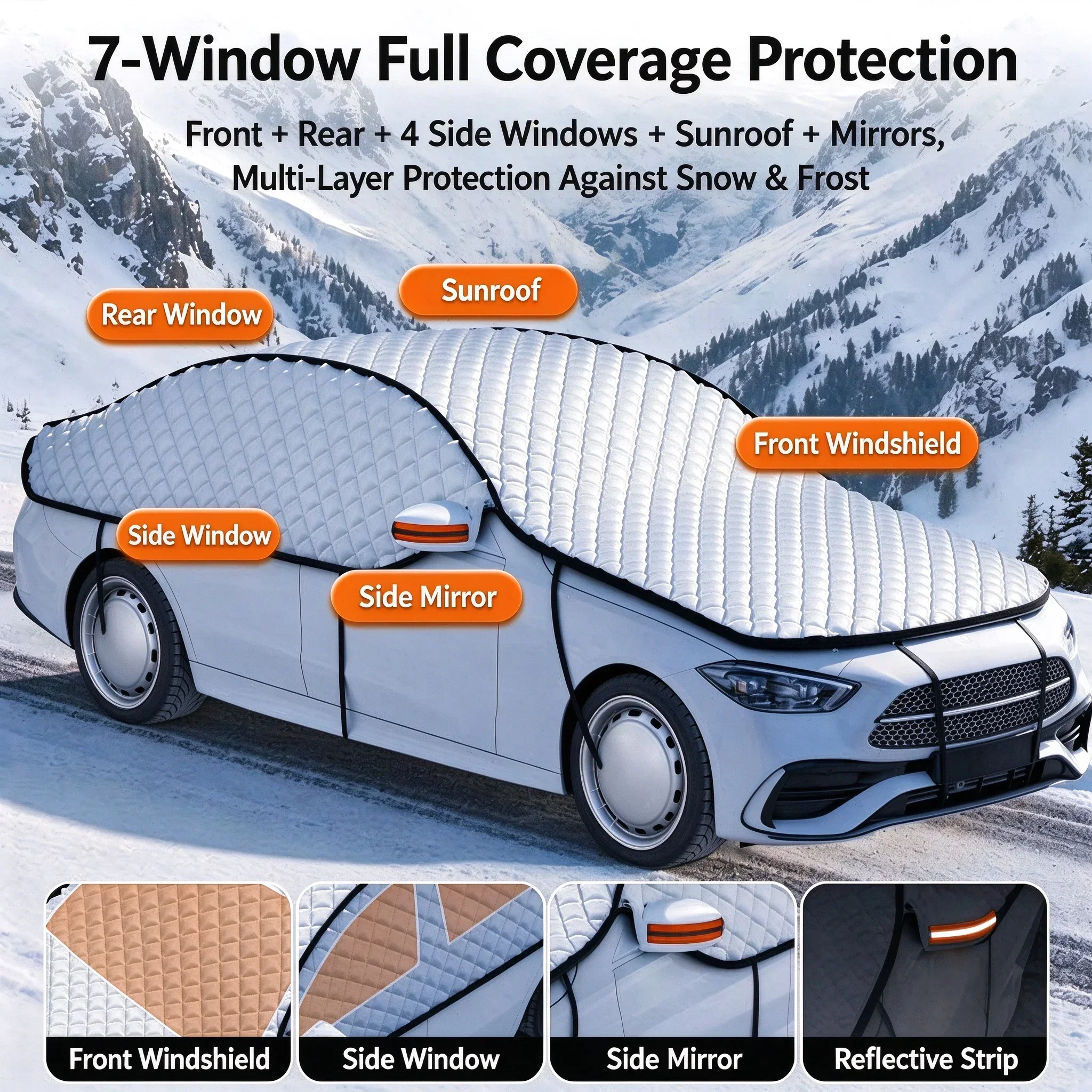 Car Windshield Snow Cover 7-Window Coverage Winter Frost Ice Shield 4-Season Thickened Windproof Dustproof Waterproof Protector