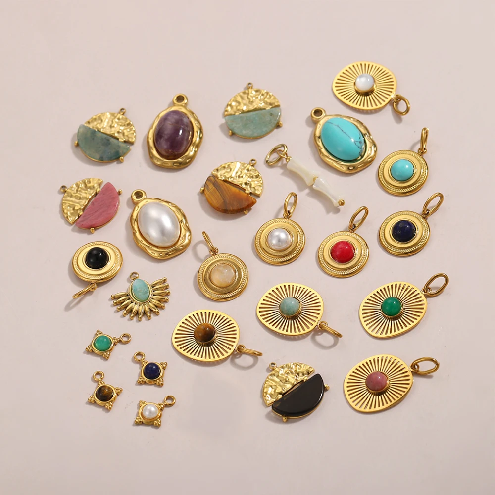 Natural Stone Crystal Oval Irregular Pendant Stainless Steel Gold Plated Turquoise Pendants for DIY Making Jewelry Women
