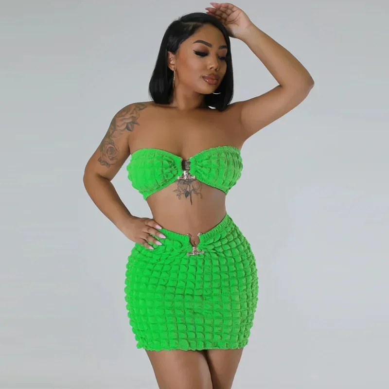 

GUWU Seersucker Roll Midi Mini Skirt Suit and Strapless Crop Top Women Street Matching Two 2 Piece Dress Set Outfit