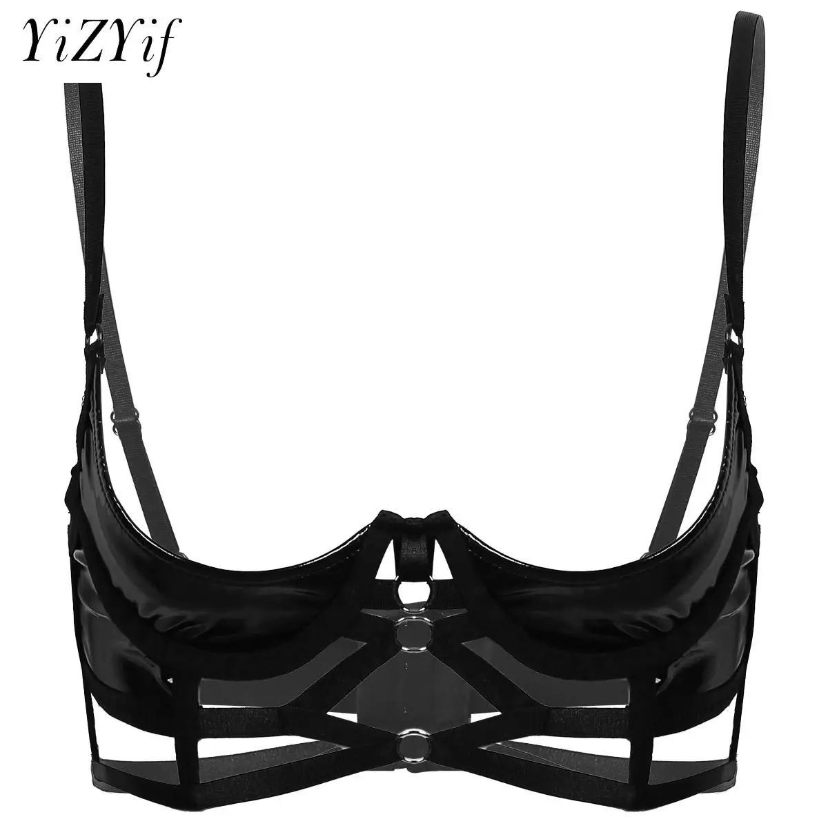 

Women's Wet Look Patent Leather Lingerie 1/2 Cup Underwired Push Up Shelf Bra Open Breast Bralette Strappy Underwear Nightwear