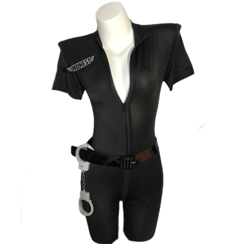 Cosplay Police Uniform Zipper Bodysuit Sexy Lingerie For Women Body Hot Costume Fantasy jumpsuit Sex Doll Outfits Black Stretch