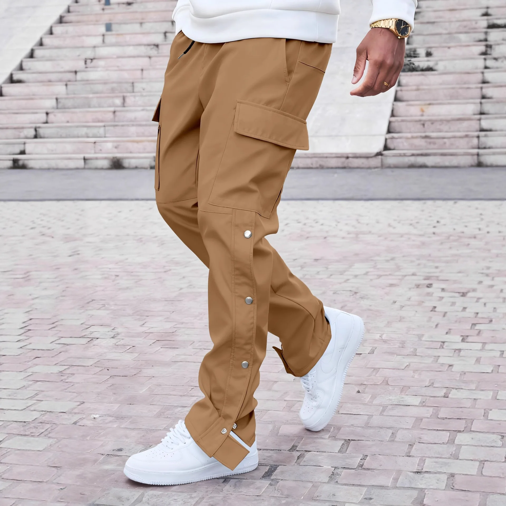 Spring Autumn Men's New Style Fashion Multi-pocket Stylish, American-style Button Closure, Casual Workwear Pants