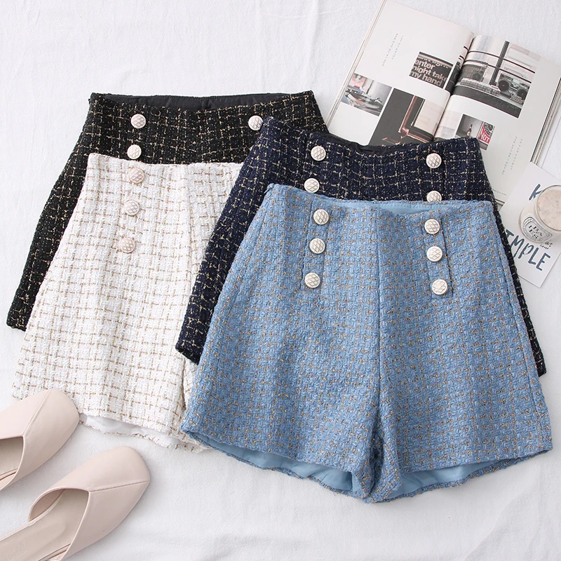 ITOOLIN Women Vintage Tweed Shorts Casual Plaid Button Office Slim A-line Shorts Autumn Women High Waist Wide Leg Shorts 2024