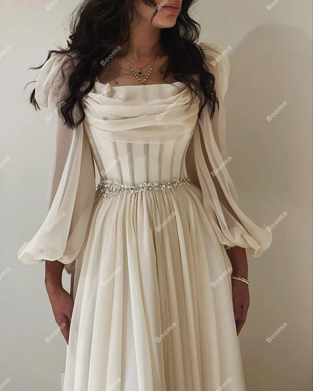 Booma Ivory A-Line Chiffon Prom Dresses long Puff Sleeves Pleats Crystal Beaded Formal Party Elegant Gowns Dubai Evening Dress