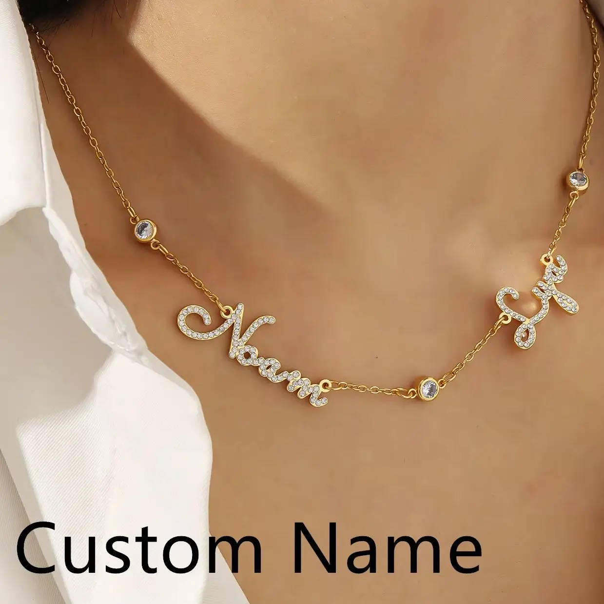 Custom Diamond Name Necklace With White Stone Personalized Stainless Steel Multiple Name Pendant Family Jewelry Gifts for Mom