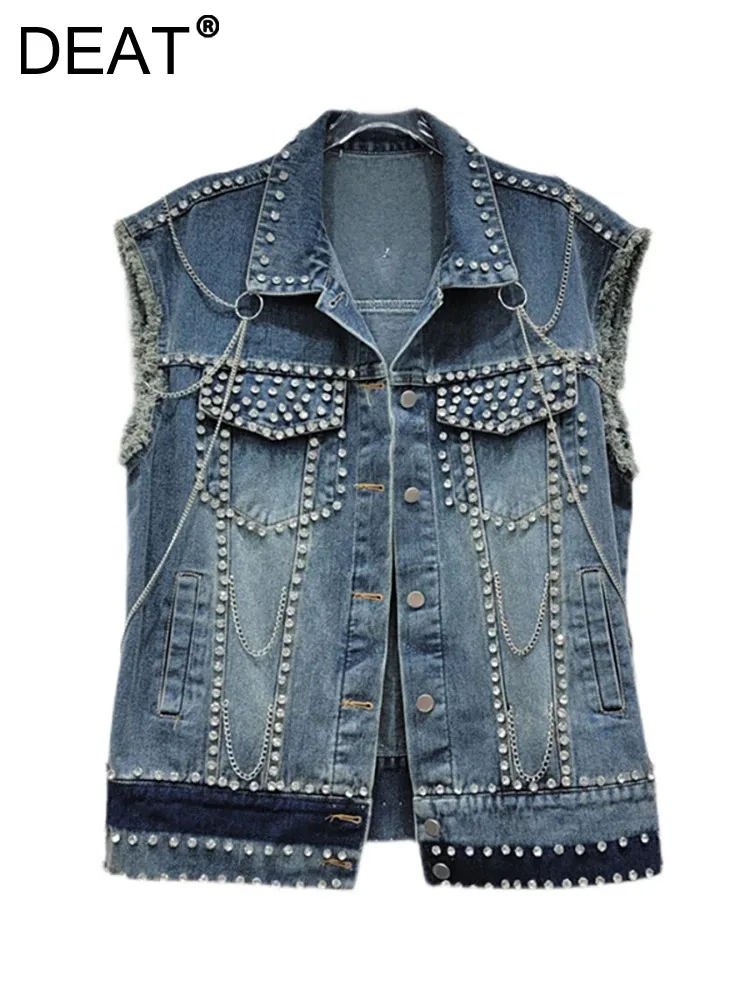 

DEAT Women's Denim Waistcoat Metal Chains Diamonds Single Sleeveless Burrs Female Breasted Vest 2024 Autumn New Fashion 29L7833