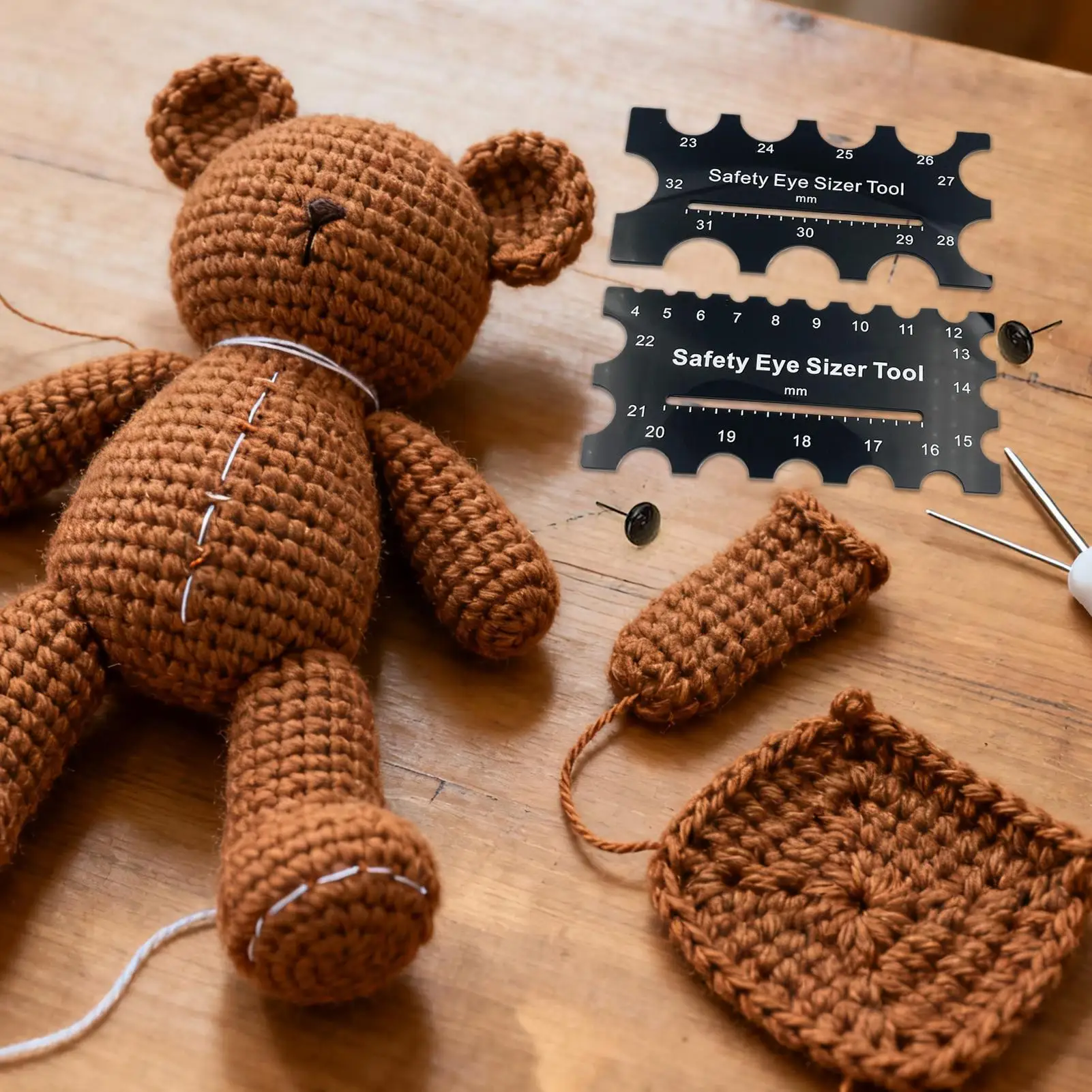 Drewniany przyrząd do pomiaru średnicy oczek bezpieczeństwa 4~32mm, linijka pomiarowa, narzędzie do szydełkowania do majsterkowania, instalacja oczek dla pluszowych misiów.