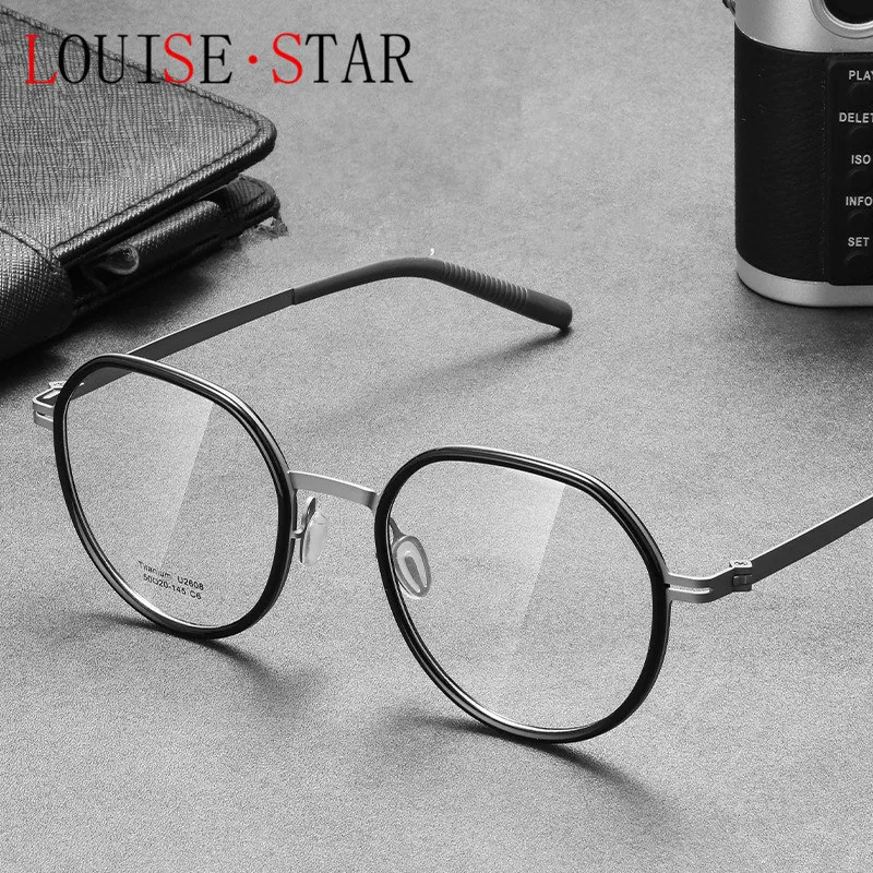 New ultra light pure titanium polygonal circular eyeglass frame for men and women prescription myopia glasses frame black