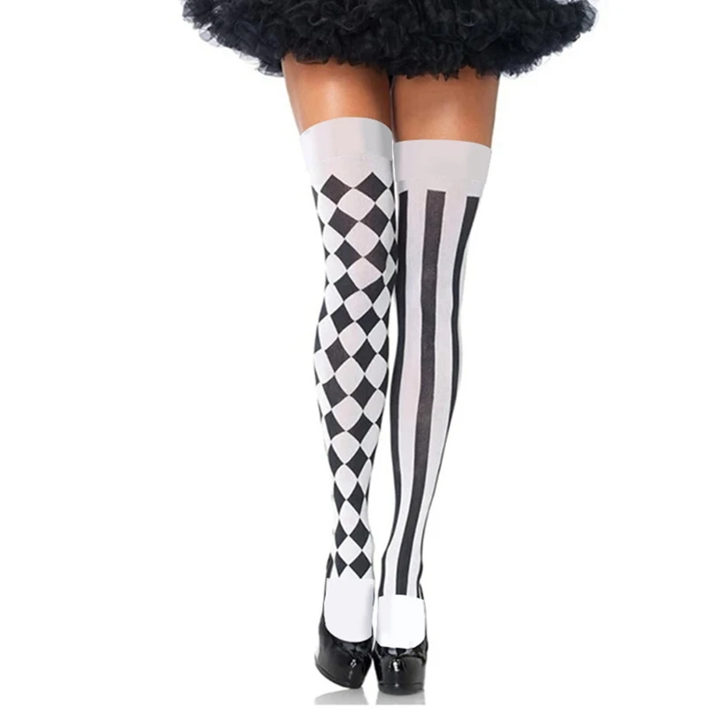 Women Clown Asymmetrical Vertical Striped Over Knee Long Sock Thigh Highs Stockings For Halloween Cosplay Party Costume