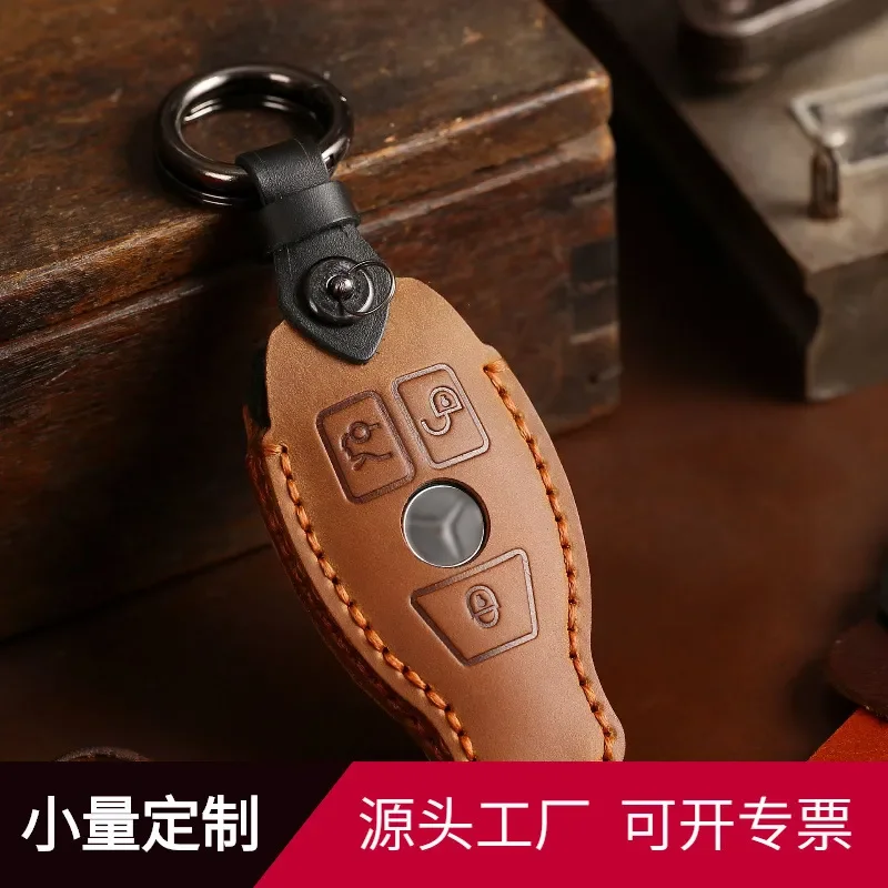 for Mercedes Benz Key Cover C Class E Class E300 Genuine Leather First Layer Cowhide Car Key Chain Case for Old Model Keys