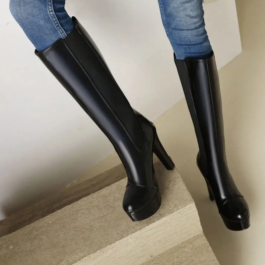 REAVE CAT Sexy Female Long Boots Patent Leather Round Toe Block High Heel 11.5cm Platform 4.5cm Big Size 50 Dating Booty