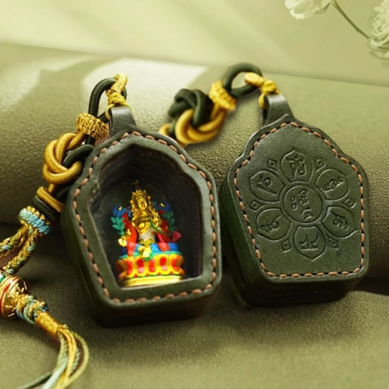Vintage Hand-painted Rubbing Tangka Five Lord Pendants Necklace Tibetan Style Braided Rope Om Mani Padme Hum Religious Amulet