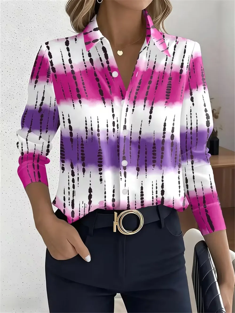 Fashion Striped Women's High Street Shirts Long Sleeve 3d Printed Ladies Trend Blouse 3XL Big Size Turn-Down Collar Casual Shirt