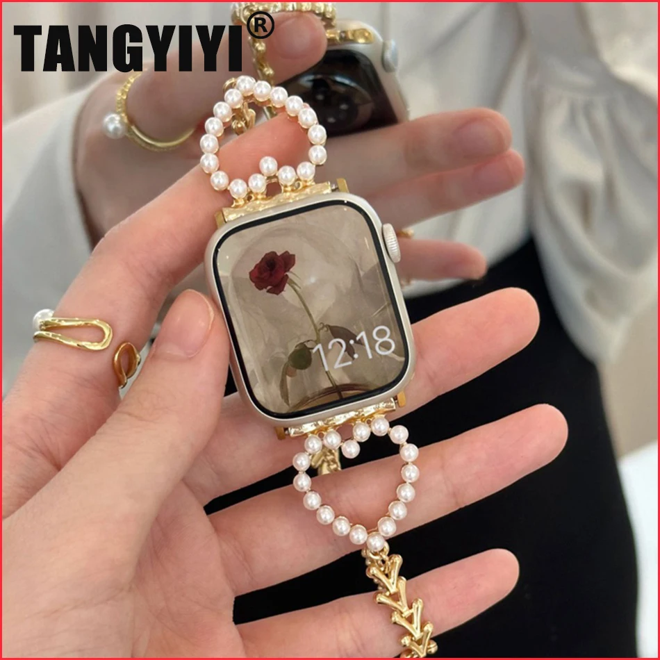 Luxury Love Heart Pearl Bracelet Strap For Apple Watch Series 10 9 8 7 6 SE 5 4 38/40/41/42/44/45/46mm IWatch Ultra 2 49mm Band