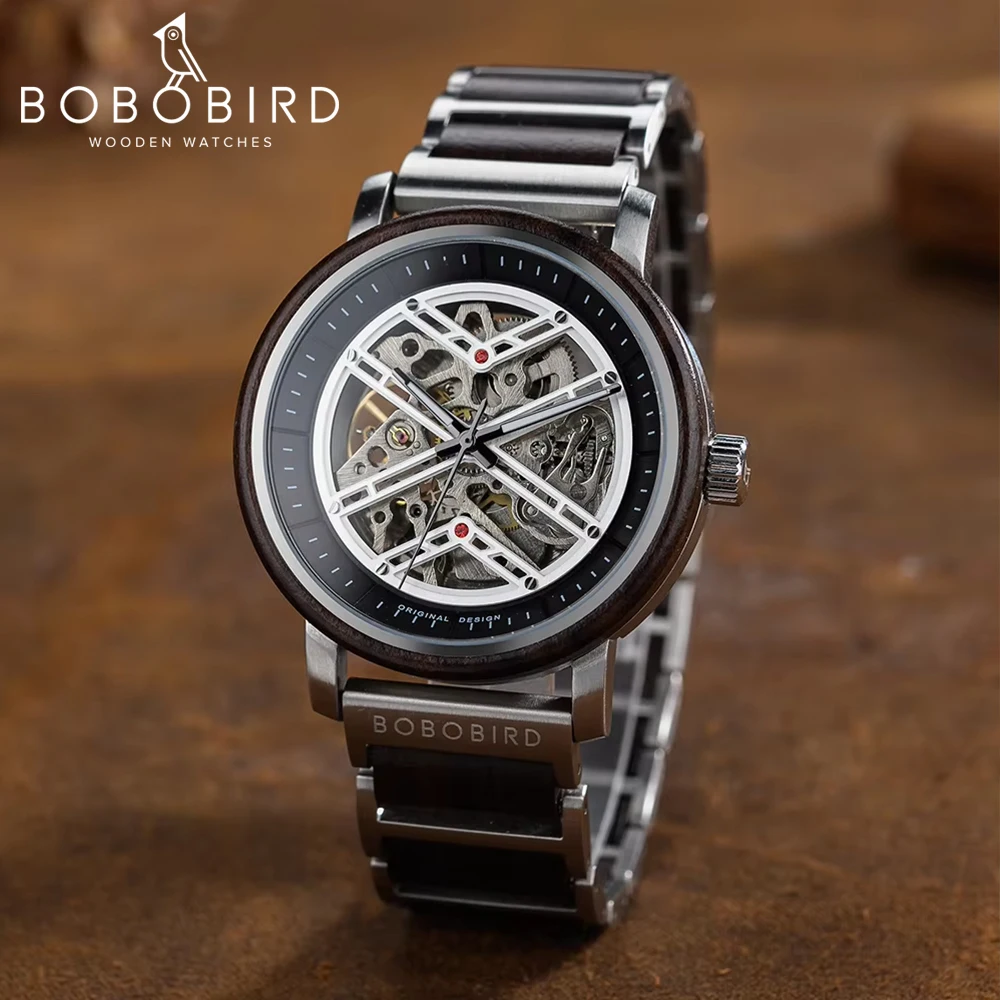 BOBO BIRD-reloj mecánico automático de madera para hombre, nuevo accesorio de pulsera de rubí Artificial de lujo con logotipo personalizado, caja de regalo de Navidad