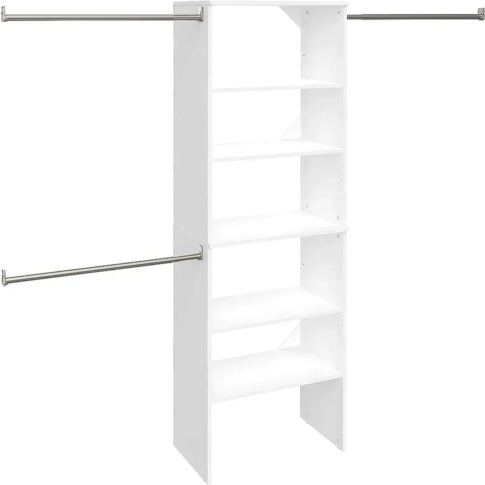 SuiteSymphony Wood Closet Organizer Starter Kit Tower and 3 Hang Rods, Shelves, Adjustable, Fits Spaces 5 – 10 ft. Wide