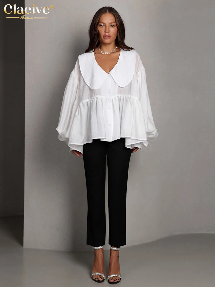 Clacive Fashion Loose White Women's Shirt 2025 Casual Lapel Long Sleeve Shirts Elegant Classic Solid Blusas Top Female Clothing