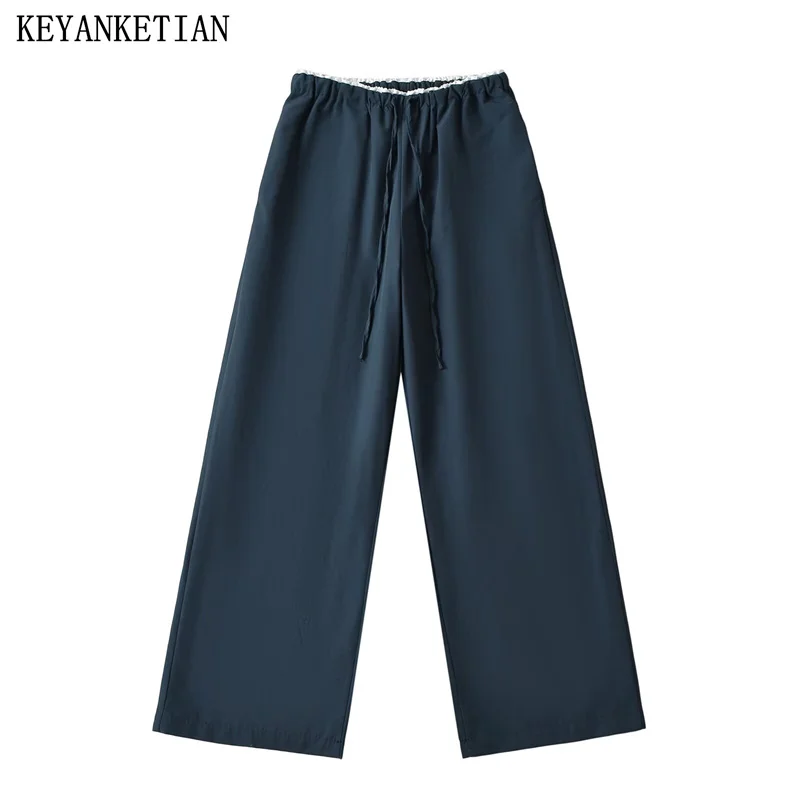 

KEYANKETIAN 2024 New Women's Lace Patchwork Wide leg Pants Street style Drawstring Lace Up High waist Loose Long Trousers Thin