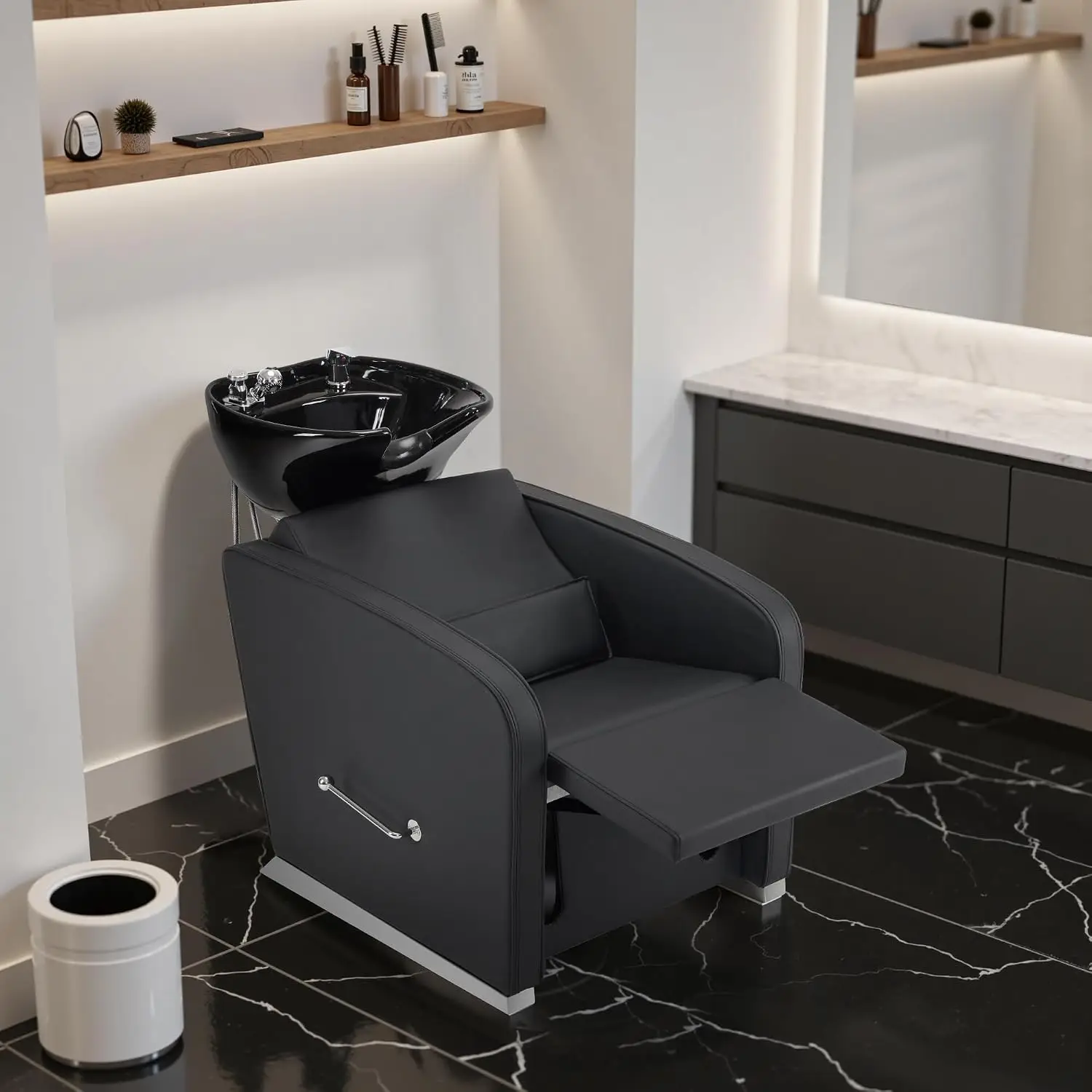 UPC Vacuum Breaker, Adjustable Ceramic Shampoo Bowl, Wall/Floor Drainage, 330 lbs Capacity, For Salon & Spa
