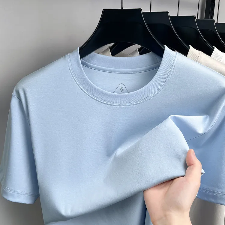 

2026 Summer Double mercerized Cotton 100% Basic Tees Casual Solid t-shirt Male Short Sleeve Tops Breathable Cotton T Shirtn
