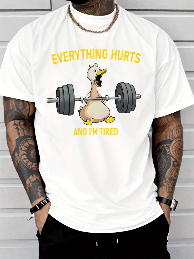 Men Summer Cotton Tshirt Funny Weightlifting Duck Graphic Tee Everything Hurts And Im Tired Gym Workout Casual Short Sleeve Top