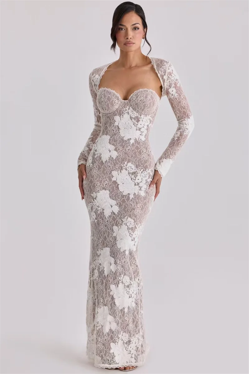 

2 Pcs White Lace Prom Dress Full Sleeves Jacket+Long Party Bridal Gown Formal Wedding Guest Banquet Birthday Robe