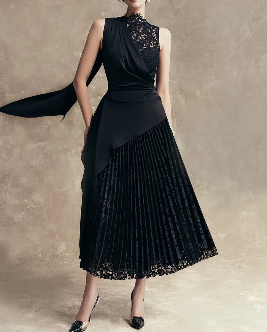 

Customized Black Evening Gown Lace Satin Sleeveless Pleated And Calf-length Ball Gowns Banquet Multi-occasion Party Dresses